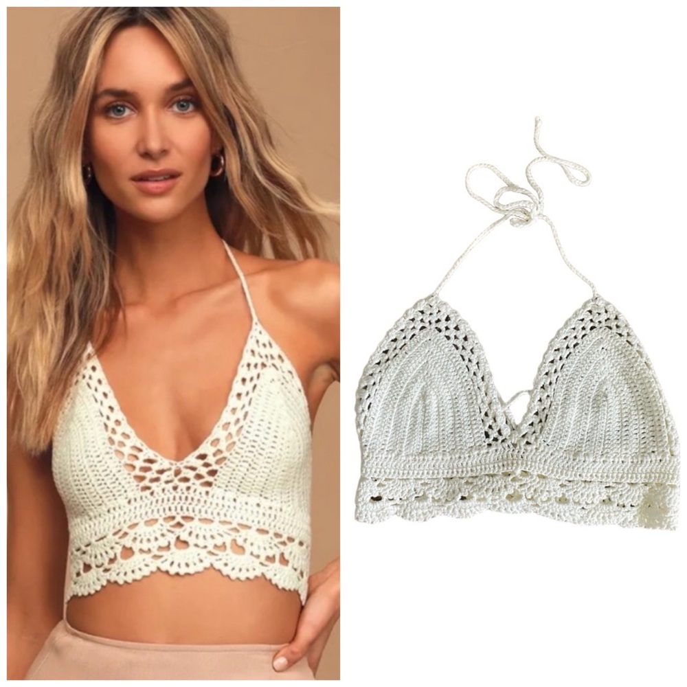 Lulu's Let's Run Away Ivory Crochet Halter Crop Top - M/L